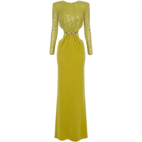 Olive Sequin Velvet Long Dress , female, Sizes: S - Elisabetta Franchi - Modalova
