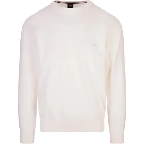 Round-neck Knitwear,Essentieller weißer Pullover mit gesticktem Logo - Hugo Boss - Modalova