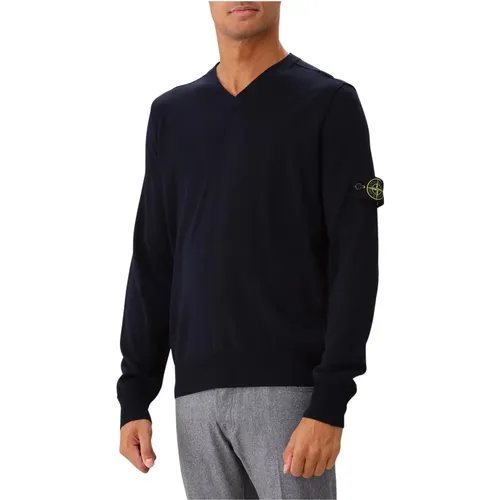 Blauer Woll V-Ausschnitt Strickpullover - Stone Island - Modalova