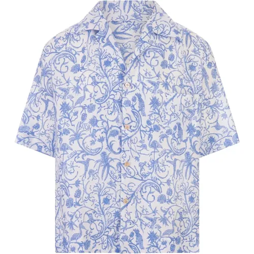 Blue Floral Print Linen Shirt , male, Sizes: M, 2XL, L, XL - Kiton - Modalova