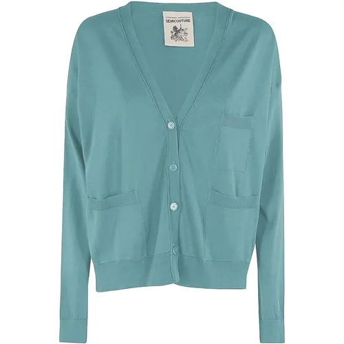 Aquamarine V-Neck Cotton Cardigan Sweater , female, Sizes: S, M, L - Semicouture - Modalova