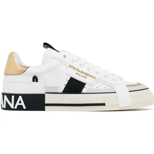 Weiße und Goldene Leder Custom Sneakers,Weiße Leder Custom 2.Zero Sneakers - Dolce & Gabbana - Modalova