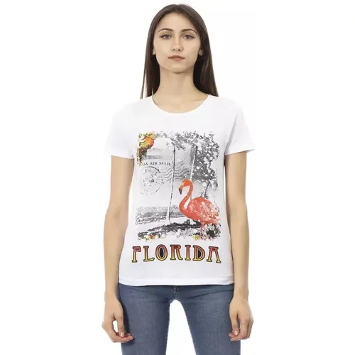 Elegantes weißes Kurzarm-T-Shirt mit stilvollem Aufdruck , Damen, Größe: L - Trussardi - Modalova