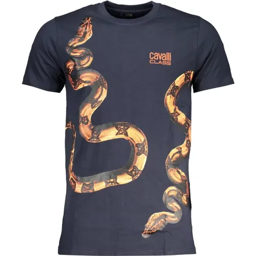 Blau T-Shirt mit kurzem Ärmel und Logo , Herren, Größe: L - Cavalli Class - Modalova