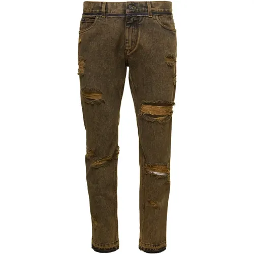 Slim-Fit Braune Jeans mit Rissen , Herren, Größe: XL - Dolce & Gabbana - Modalova