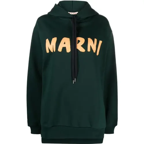 Grüner Hoodie mit Kordelzug und ikonischem Logo , Damen, Größe: XS - Marni - Modalova