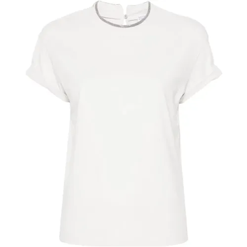 Weißes T-Shirt mit Strass verziertem Rundhalsausschnitt , Damen, Größe: M - BRUNELLO CUCINELLI - Modalova