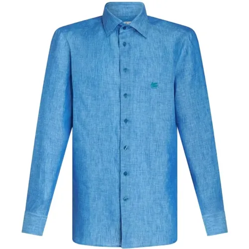 Blaues Leinenhemd mit Besticktem Pegaso-Logo , Herren, Größe: L - ETRO - Modalova