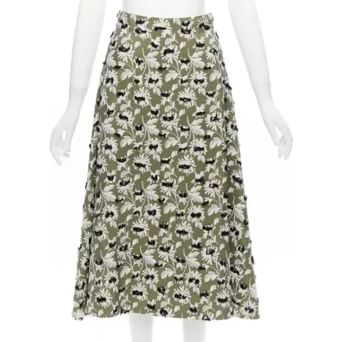 Pre-owned Viscose Shorts-Skirts, Balenciaga 2015 Green Black Fringe Embellishment White Floral Midi Skirt Fr36 S , female, Sizes: XS - Balenciaga Vintage - Modalova