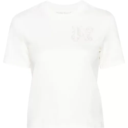 T-Shirts,Besticktes Monogramm T-shirt Beige - Palm Angels - Modalova