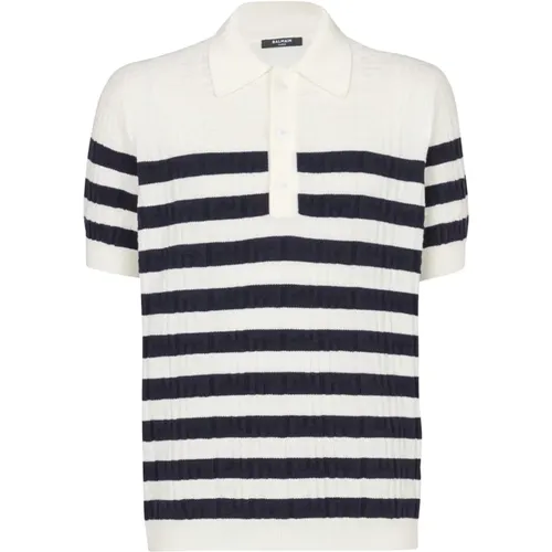 Striped knit polo shirt with monogram , male, Sizes: L - Balmain - Modalova