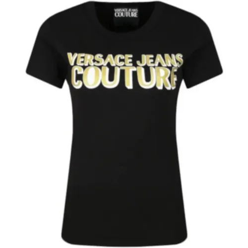 Schwarzes Damen-T-Shirt mit goldenem Logo - Versace Jeans Couture - Modalova