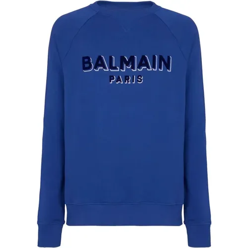 Imperial Blauer Sweatshirt mit Samtigem Logo - Balmain - Modalova