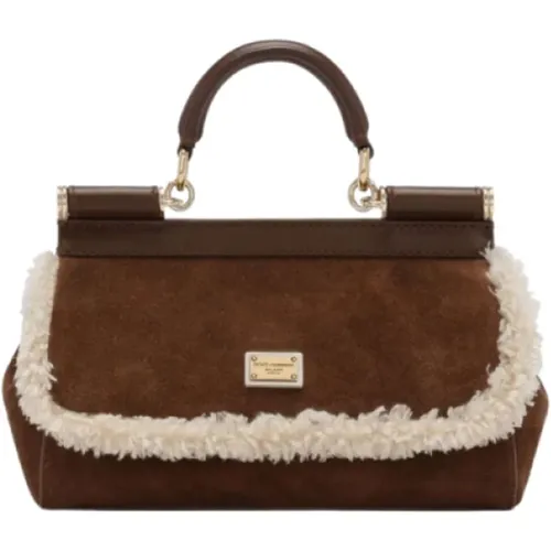 Beige Fur Trimmed Suede Sicily Handbag , female, Sizes: ONE SIZE - Dolce & Gabbana - Modalova