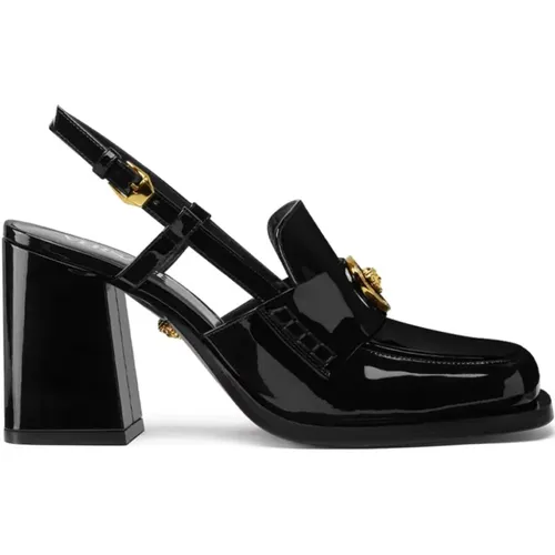 Schwarze Sandalen mit Absatz und Kristallverzierungen , Damen, Größe: 35 EU - Versace - Modalova