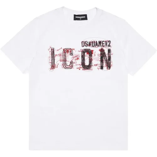 Kinder Weißes T-Shirt mit Druck,T-Shirt mit Icon Splatter Grafik - Dsquared2 - Modalova