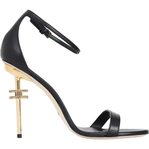 Leather Sandals with Adjustable Ankle Strap and Metal Logo Heel , female, Sizes: 4 UK - Elisabetta Franchi - Modalova
