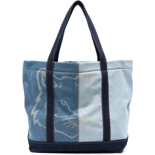 Fox Head Logo Denim Tote Bag , female, Sizes: ONE SIZE - Maison Kitsuné - Modalova