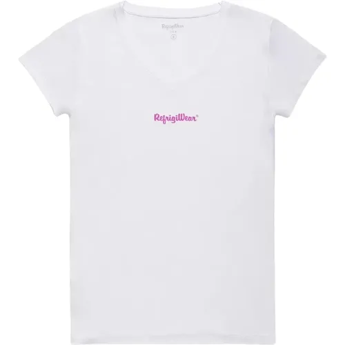 Weißes V-Ausschnitt Logo Bedrucktes T-Shirt - RefrigiWear - Modalova