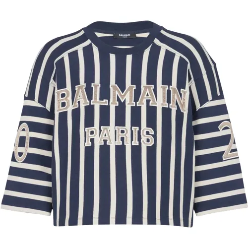 Getreiftes Balain Baseball T-Shirt , Damen, Größe: S - Balmain - Modalova