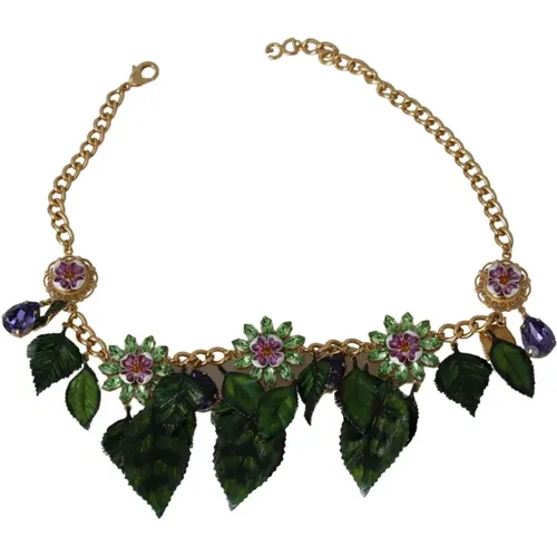 Gold-plated Crystal Necklace with Leaves Pendant , female, Sizes: ONE SIZE - Dolce & Gabbana - Modalova