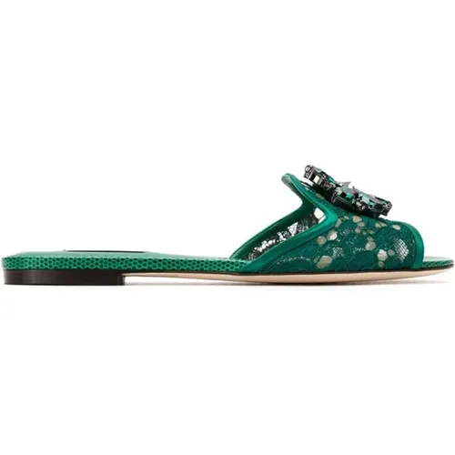 Grüne kristallverzierte Spitzen-Sandalen , Damen, Größe: 35 EU - Dolce & Gabbana - Modalova