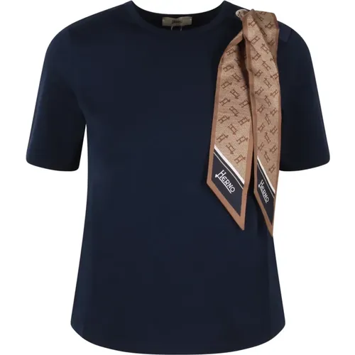 Stretch-T-Shirt aus feiner Baumwolle mit Seidenschal , Damen, Größe: XL - Herno - Modalova
