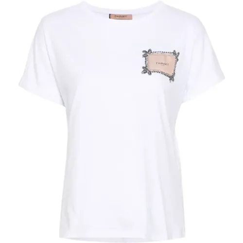 Weiße Baumwoll-T-Shirts und Polos mit Logo-Patch , Damen, Größe: M - Twinset - Modalova
