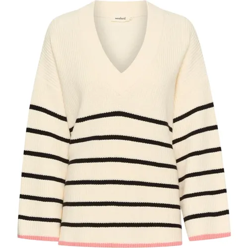 Striped V-Neck Pullover Sweater Whisper , female, Sizes: M, S, XS, L - Soaked in Luxury - Modalova