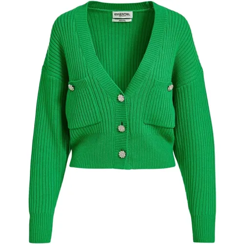 Grüner V-Ausschnitt Cardigan mit Strassknöpfen , Damen, Größe: XS - Essentiel Antwerp - Modalova