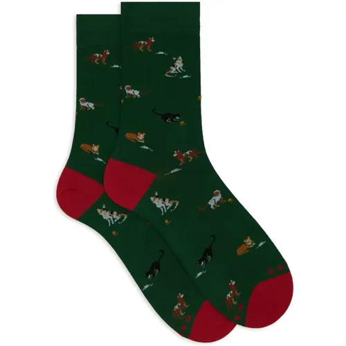 Kurze grüne Baumwollsocken für Herren mit Katzen-, Maus- und Wollknäuelmotiv - Gallo - Modalova