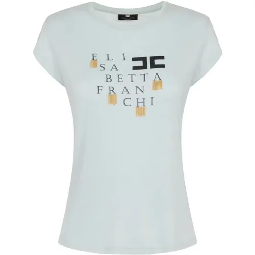Logo Fringed Jersey T-Shirt , Damen, Größe: M - Elisabetta Franchi - Modalova