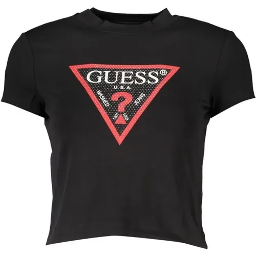 Rhinestone Logo Print Baumwoll T-Shirt , Damen, Größe: M - Guess - Modalova