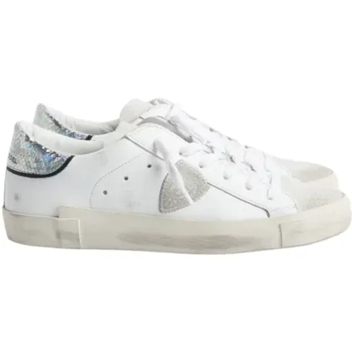 Weiße Low-Top-Sneaker mit abgenutzten Details , Damen, Größe: 39 EU - Philippe Model - Modalova