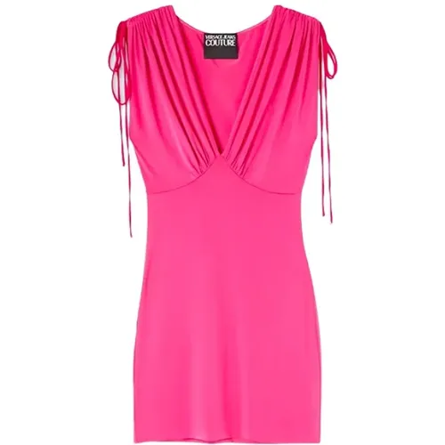 Fuchsia V-Ausschnitt Mini Kleid , Damen, Größe: S - Versace Jeans Couture - Modalova