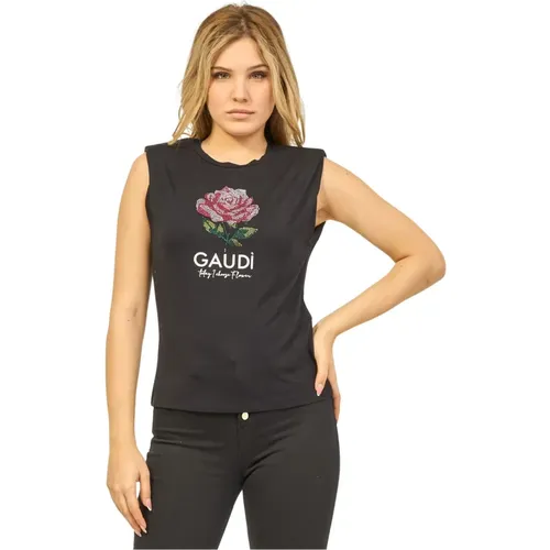 Stretch Jersey T-shirt with Rhinestone Flower , female, Sizes: XL, L - Gaudi - Modalova