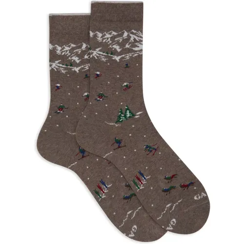 Kurze graue Baumwollsocken für Damen mit Berg- und Skifahrermotiv , Damen, Größe: S - Gallo - Modalova