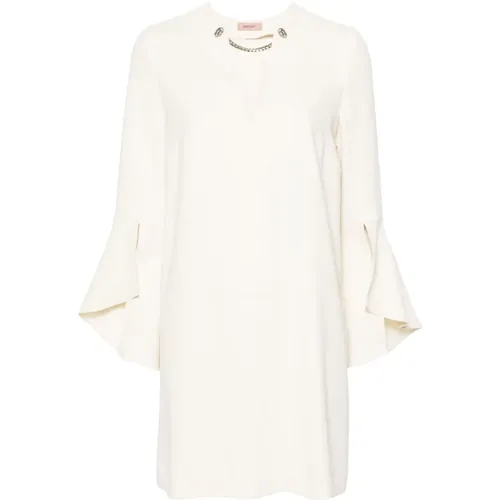 Cream White V-Neck Dress with Rhinestone Embellishment , female, Sizes: M, L - Twinset - Modalova