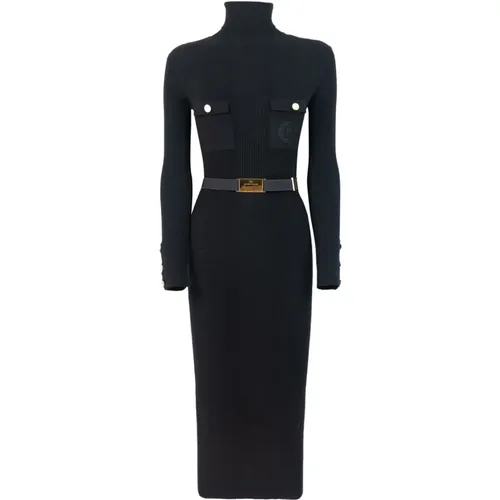 Geripptes Schwarzes Midi-Kleid mit Logo-Stickerei,Schwarzes ikonisches feminines Kleid,Schwarzes Geripptes Midi-Kleid Elegant Herbst Winter - Elisabetta Franchi - Modalova