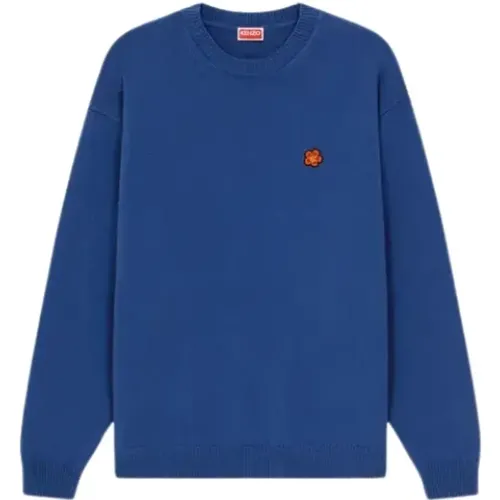 Blauer Blumen Crest Pullover,Blauer Strickpullover aus Wolle mit Logo-Patch - Kenzo - Modalova
