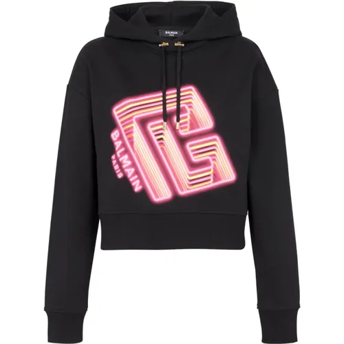 Cropped hoodie with neon printed labyrinth logo - Balmain - Modalova