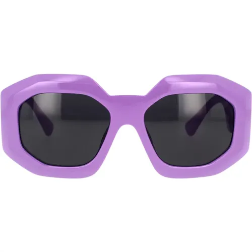 Damen Sonnenbrille in unregelmäßiger Form in Dunkelgrau mit lilafarbenem Rahmen - Versace - Modalova