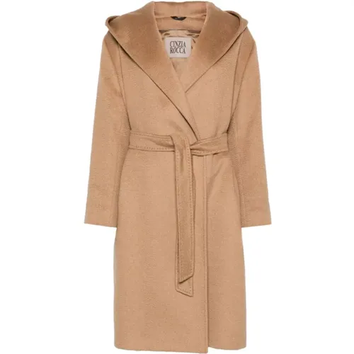 Camel Wool Long Coat with Hood , female, Sizes: XL, M - Cinzia Rocca - Modalova