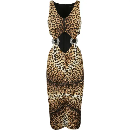 Leopard-Print Cut-Out Midi Dress , female, Sizes: XS, S - Roberto Cavalli - Modalova