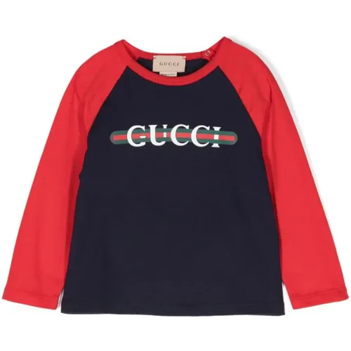 Blau Baumwoll T-Shirt mit Logo-Print - Gucci - Modalova