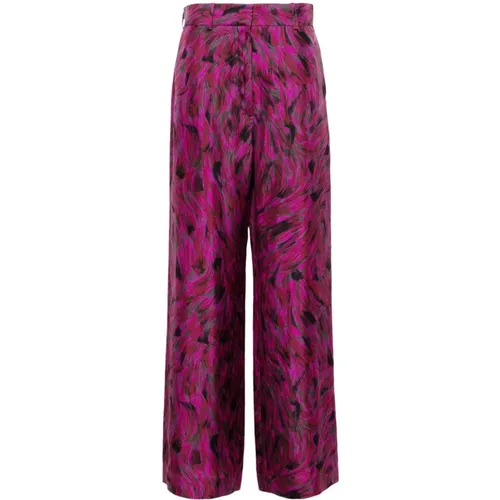 Fuchsia Silk Brush-Stroke Print Trousers , female, Sizes: M - Lanvin - Modalova