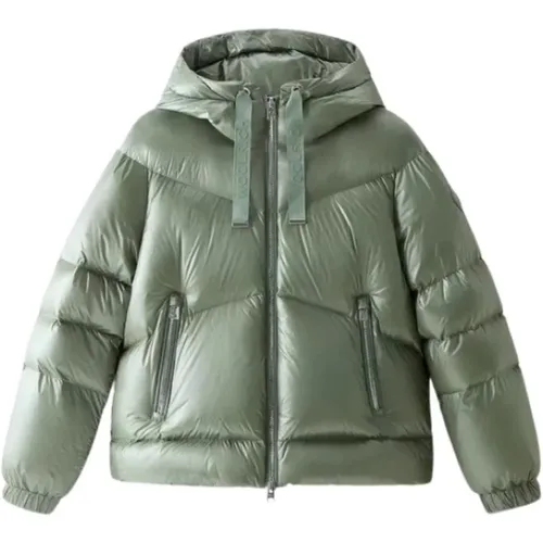 Graue Daunenmäntel mit wasserabweisendem Nylon , Damen, Größe: M - Woolrich - Modalova