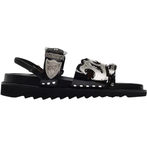 Schwarze Ledersandalen mit Metallischen Riemen,Flat Sandals - Toga Pulla - Modalova