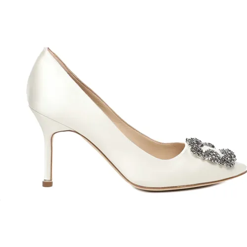 Weiße Satin Kristall Schnalle Pumps - Manolo Blahnik - Modalova