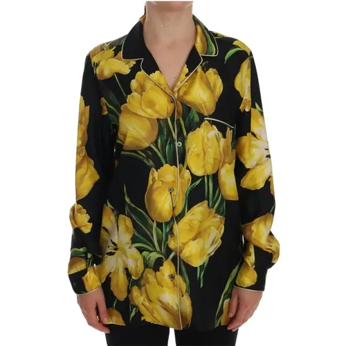 Yellow Floral Long Sleeves Pajama Shirt Top , female, Sizes: XS - Dolce & Gabbana - Modalova